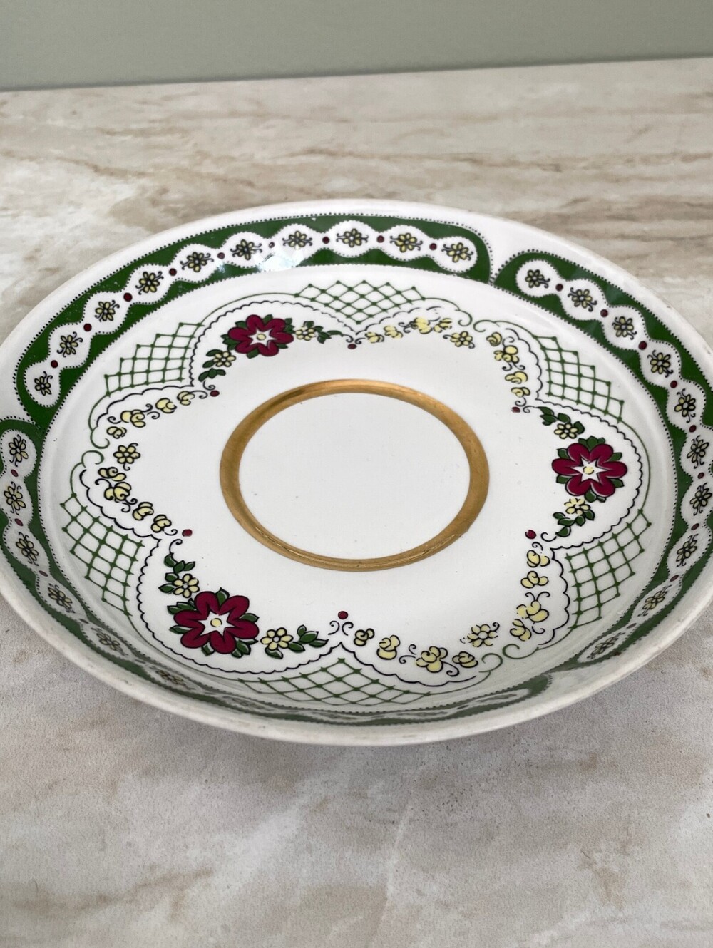 Vintage USSR Soviet Porcelain Saucer | Green Floral Gold Trim Collectible